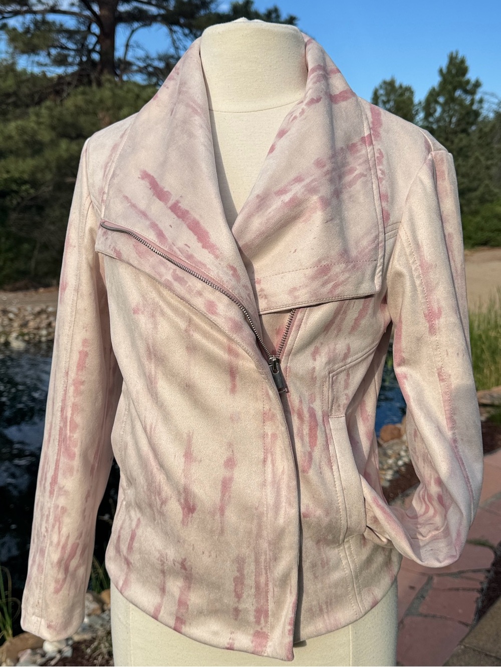 Venus Faux Suede Moto Jacket in Pink and Cream